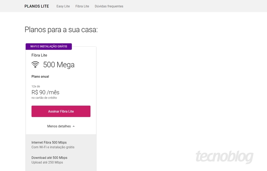 Plano Fibra Lite no site da Vivo
