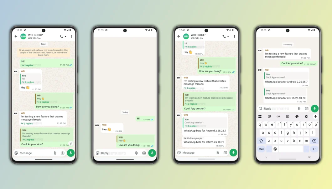 Quatro telas do WhatsApp exibem testes do recurso de respostas em tópicos. Em mensagens de grupo, surge um indicador como “2 replies” ou “3 replies”, que abre uma área separada reunindo todas as respostas ligadas àquela mensagem. Uma das imagens mostra a tela do tópico, com campo próprio para escrever e a marcação “Follow-up reply” em respostas direcionadas a outras mensagens dentro do mesmo encadeamento.