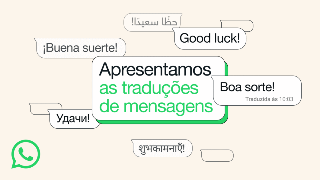 Imagem promocional do WhatsApp sobre o novo recurso de tradução de mensagens. No centro, lê-se “Apresentamos as traduções de mensagens”. Ao redor, balões de fala mostram a frase “Boa sorte!” em vários idiomas: “Good luck!”, “¡Buena suerte!”, “Удачи!”, “حظاً سعيداً!”, e “शुभकामनाएँ!”. No canto inferior esquerdo está o logotipo verde do WhatsApp.