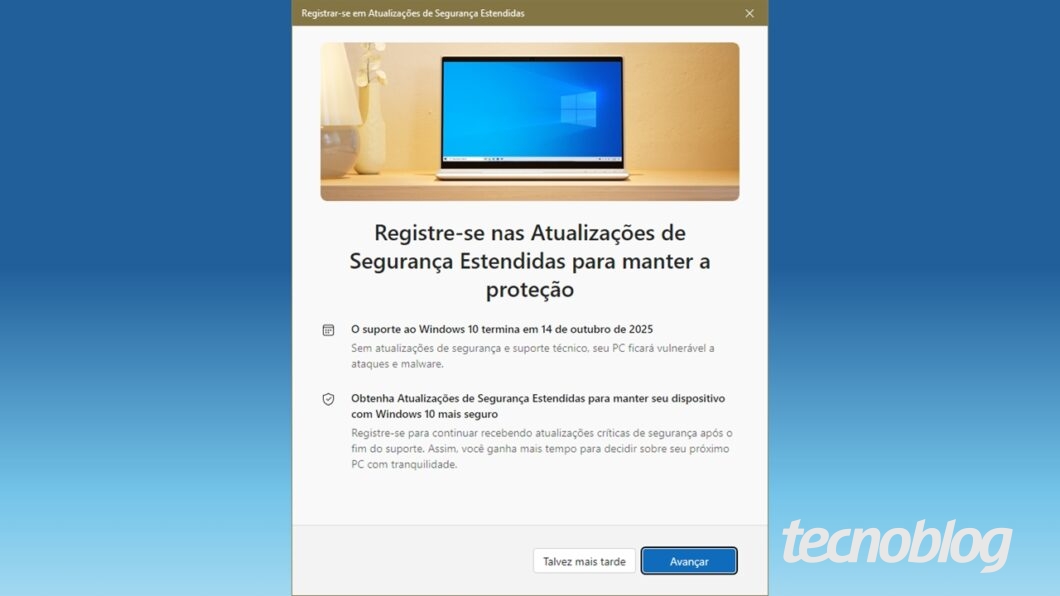 Caixa do assistente de ESU para Windows 10