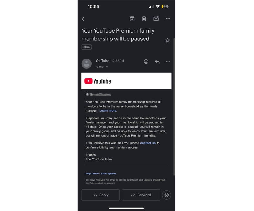 Aviso de conta Premium Família suspensa