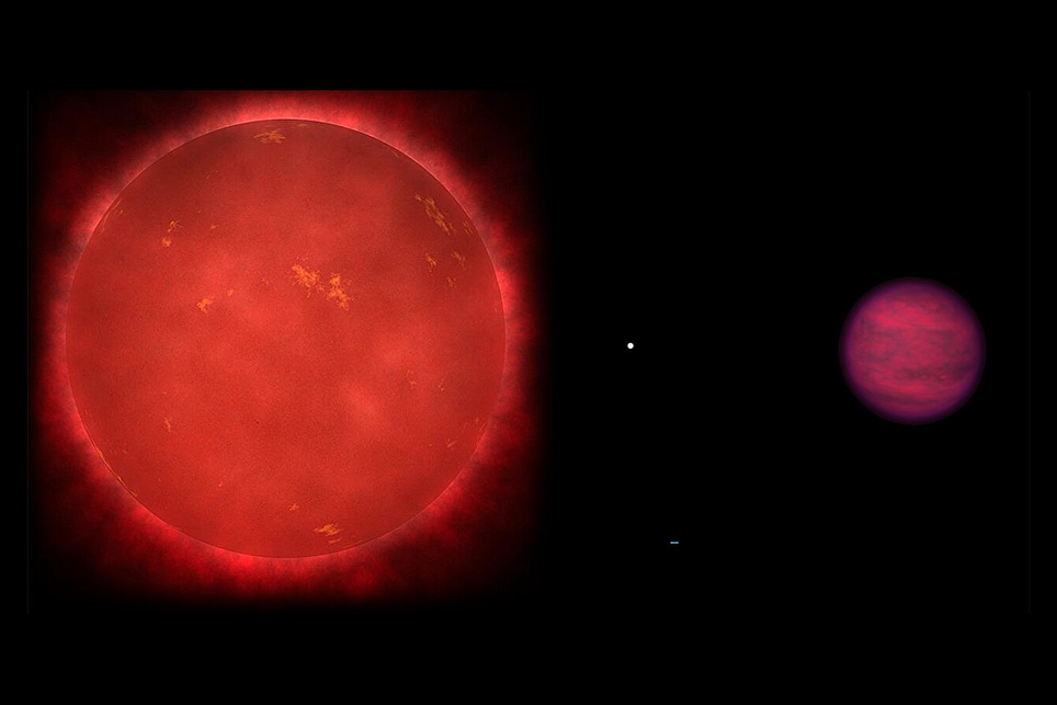 Anã marrom que contém fosfina em sua composição faz parte de um sistema triplo que contém uma estrela vermelha e uma anã branca. Crédito: Burgasser et al. 2025 Anã marrom que contém fosfina em sua composição faz parte de um sistema triplo que contém uma estrela vermelha e uma anã branca. Crédito: Burgasser et al. 2025