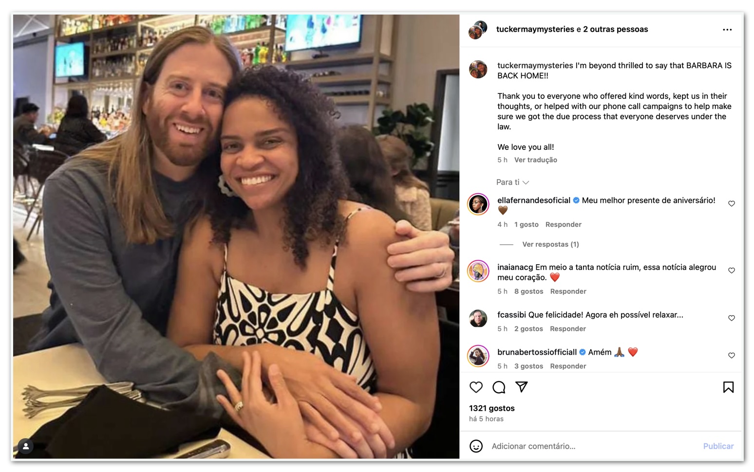 Tucker May anuncia que Bárbara Marques foi libertada
