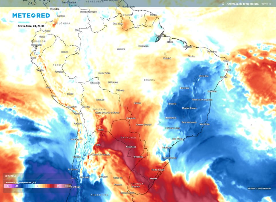 Anomalia de temperatura em 850 hPa na sexta-feira (24). Anomalia de temperatura em 850 hPa na sexta-feira (24).