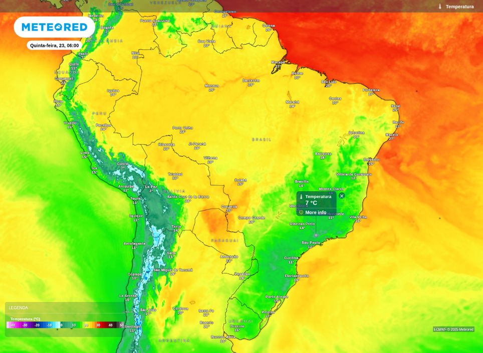 Temperatura mínima prevista para a manhã desta quinta-feira (23). Temperatura mínima prevista para a manhã desta quinta-feira (23).