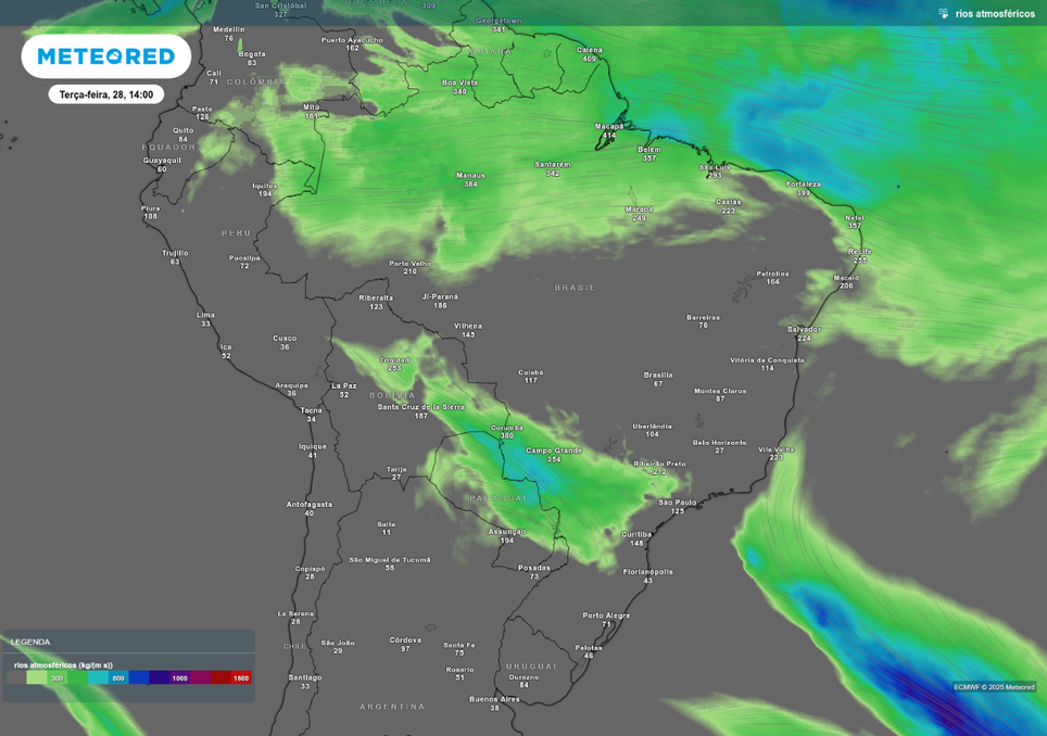 Previsão de rio atmosférico nesta terça-feira (28), de acordo com o ECMWF. Previsão de rio atmosférico nesta terça-feira (28), de acordo com o ECMWF.
