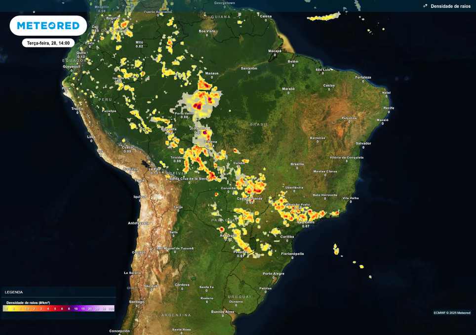 Previsão de tempestades nesta terça-feira (28), de acordo com o ECMWF. Previsão de tempestades nesta terça-feira (28), de acordo com o ECMWF.