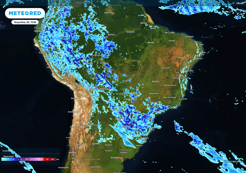 Previsão de chuva nesta terça-feira (28), de acordo com o ECMWF. Previsão de chuva nesta terça-feira (28), de acordo com o ECMWF.