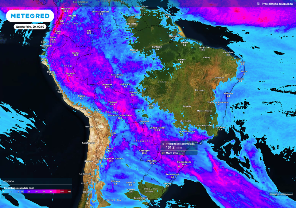 Previsão de chuva acumulada até o final da terça-feira (28), de acordo com o ECMWF. Previsão de chuva acumulada até o final da terça-feira (28), de acordo com o ECMWF.