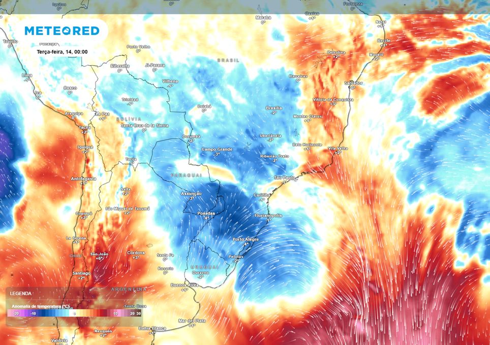 Previsão de anomalias de temperatura em 850 hPa na terça-feira de madrugada. Previsão de anomalias de temperatura em 850 hPa na terça-feira de madrugada.