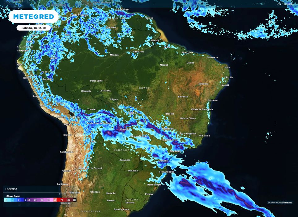 Precipitação prevista para a tarde de sábado (18).
