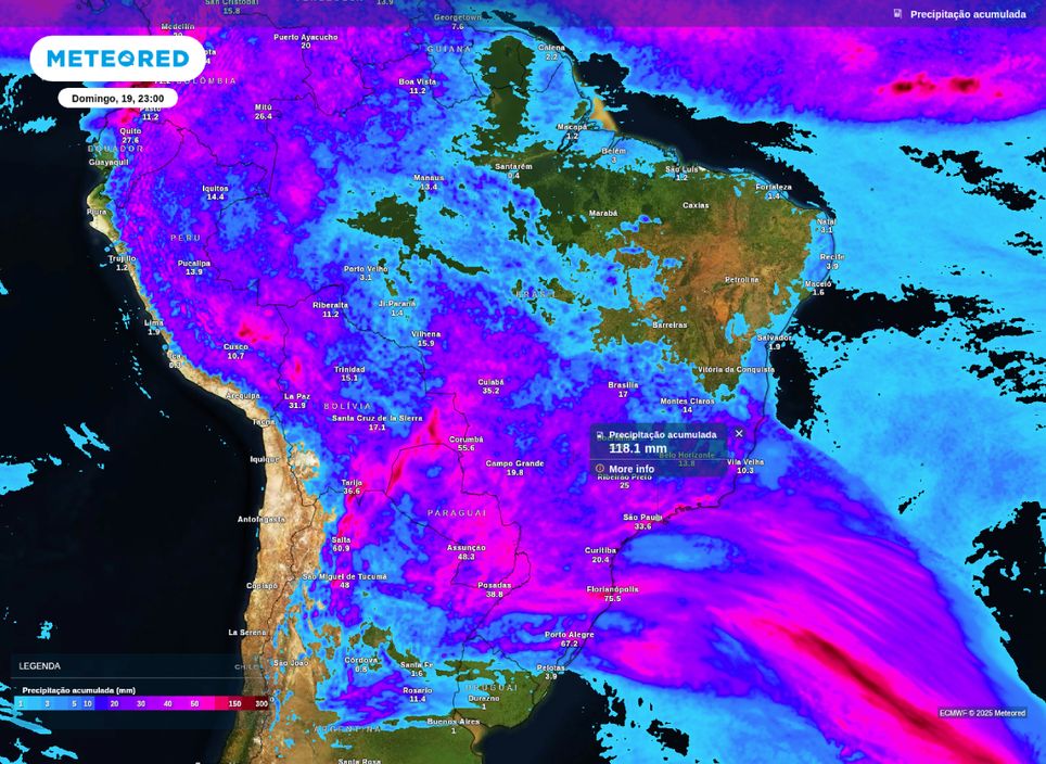 Precipitação acumulada prevista entre sexta (17) e domingo (19).