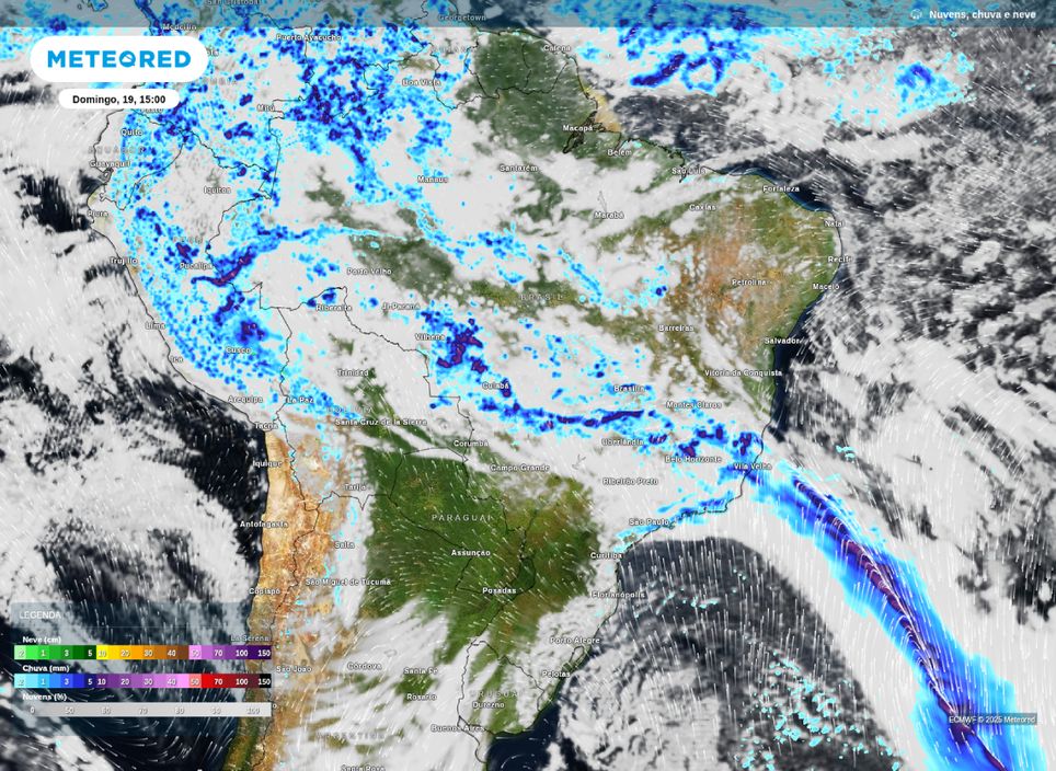 Precipitação, nebulosidade e ventos previstos para a tarde de domingo (19).