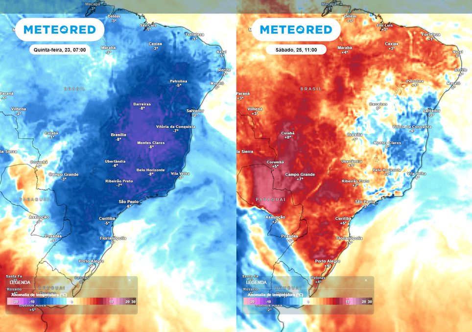 Previsão de anomalias de temperatura em 850hPa na quarta-feira (esquerda) e no sábado (direita).