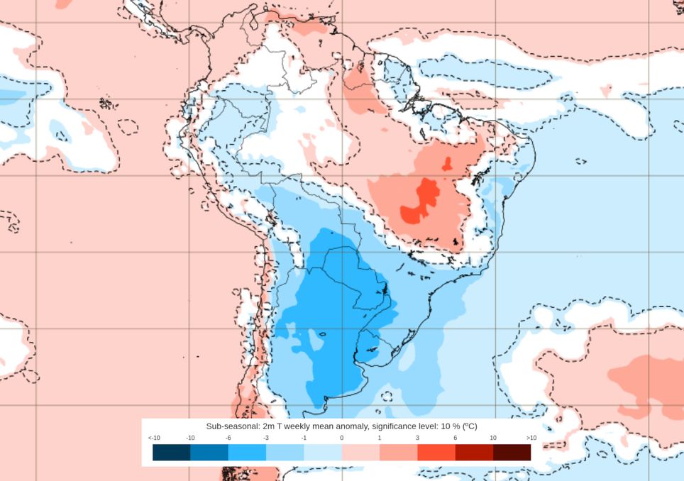 Previsão de anomalias de temperatura entre os dias 27 de Outubro e 01 de Novembro.