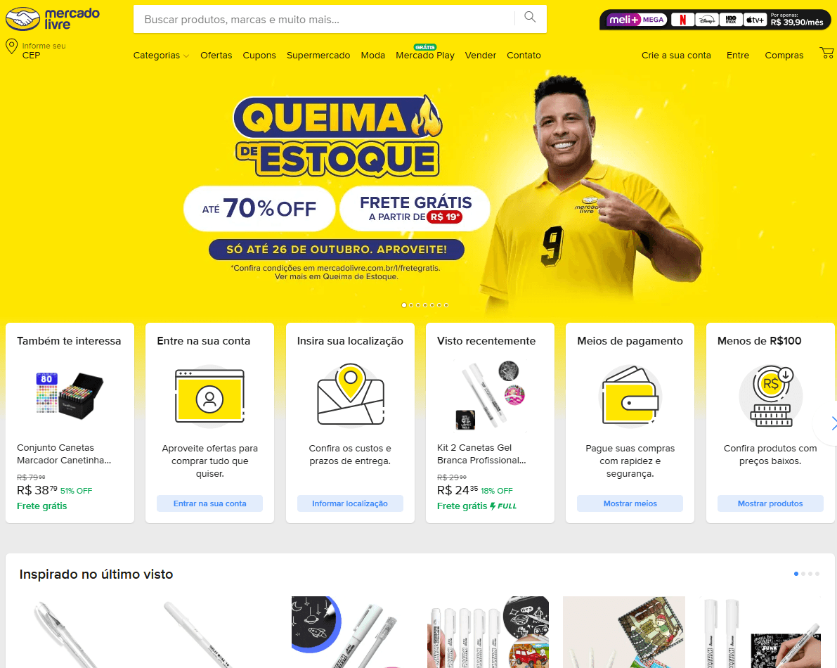 Site principal do Mercado Livre com o anúncio de uma Queima de Estoque