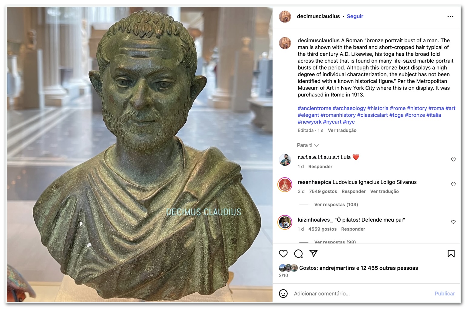 Página no Instagram com estátua parecida com Lula