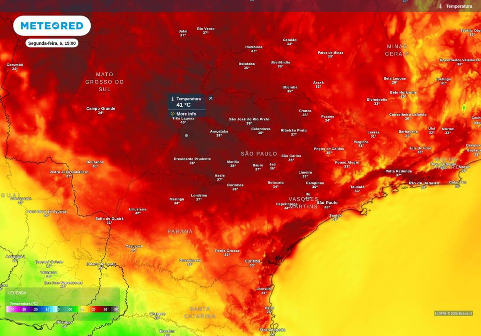 Previsão de temperatura máxima na próxima segunda-feira (6) de acordo com o ECMWF. Previsão de temperatura máxima na próxima segunda-feira (6) de acordo com o ECMWF.