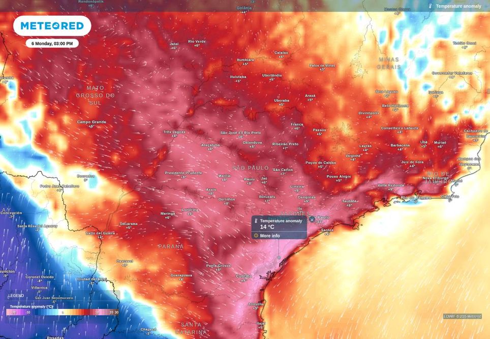 Previsão de anomalia de temperatura na próxima segunda-feira (6) de acordo com o ECMWF. Previsão de anomalia de temperatura na próxima segunda-feira (6) de acordo com o ECMWF.