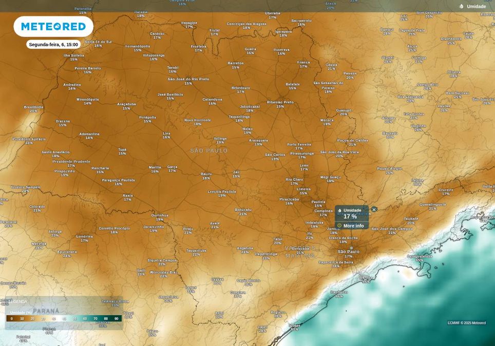 Previsão de umidade relativa do ar na próxima segunda-feira (6), de acordo com o ECMWF. Previsão de umidade relativa do ar na próxima segunda-feira (6), de acordo com o ECMWF.