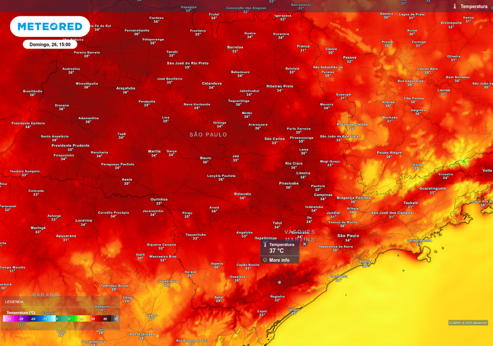 Previsão de temperatura máxima neste domingo (26), de acordo com o ECMWF. Previsão de temperatura máxima neste domingo (26), de acordo com o ECMWF.