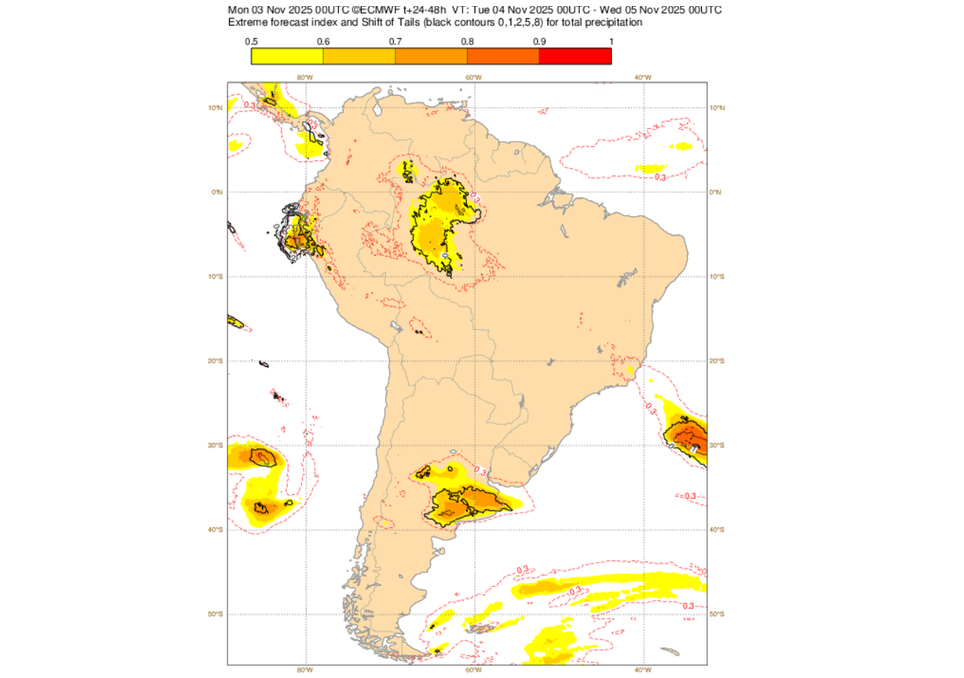 EFI do ECMWF para precipitação nesta terça-feira (4). Créditos: ECMWF. EFI do ECMWF para precipitação nesta terça-feira (4). Créditos: ECMWF.