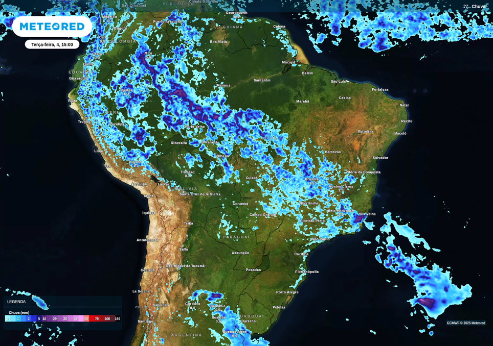 Previsão de chuva na tarde de terça-feira (4), de acordo com o ECMWF. Previsão de chuva na tarde de terça-feira (4), de acordo com o ECMWF.
