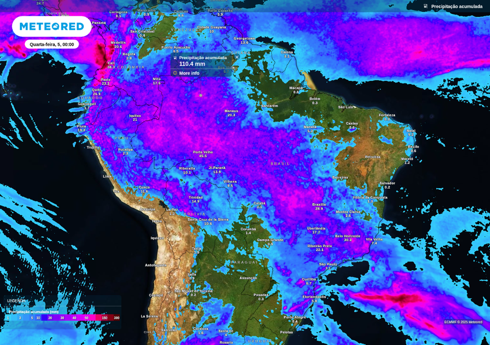 Previsão de chuva acumulada até o fim da terça-feira (3), de acordo com o ECMWF. Previsão de chuva acumulada até o fim da terça-feira (3), de acordo com o ECMWF.