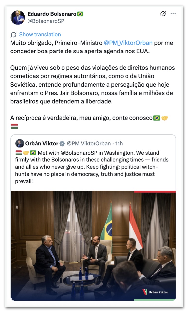 Eduardo Bolsonaro responde à postagem de Orbán
