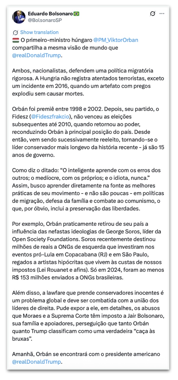 Postagem de Eduardo Bolsonaro com elogios a Orbán