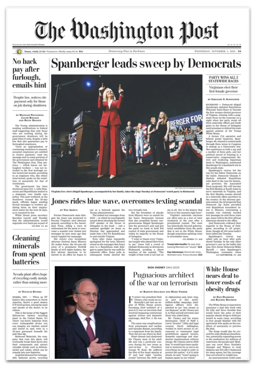 "Washington Post" dá destaque para Abigail Spanberger, 1ª mulher eleita governadora da Virgínia