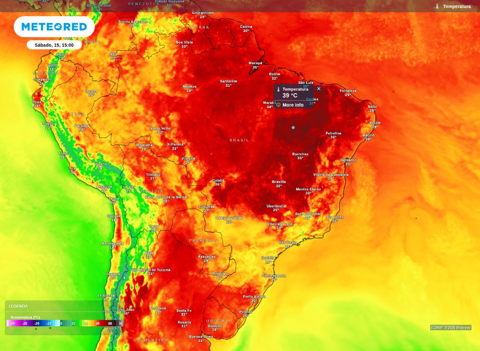 Previsão das temperaturas para a tarde deste sábado (15), de acordo com o modelo ECMWF.