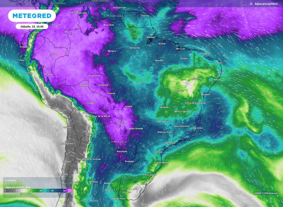 Água precipitável prevista para a tarde deste sábado (15).