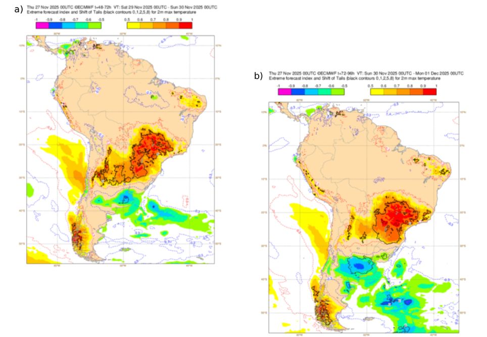 EFI para temperatura máxima entre os dias 28 e 29 de Novembro (esquerda) e 29 e 30 de Novembro (direita). Fonte: ECMWF.