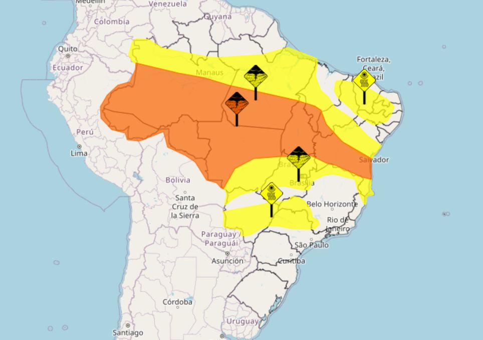 Mapa de alertas do INMET emitidos nesta quinta-feira.