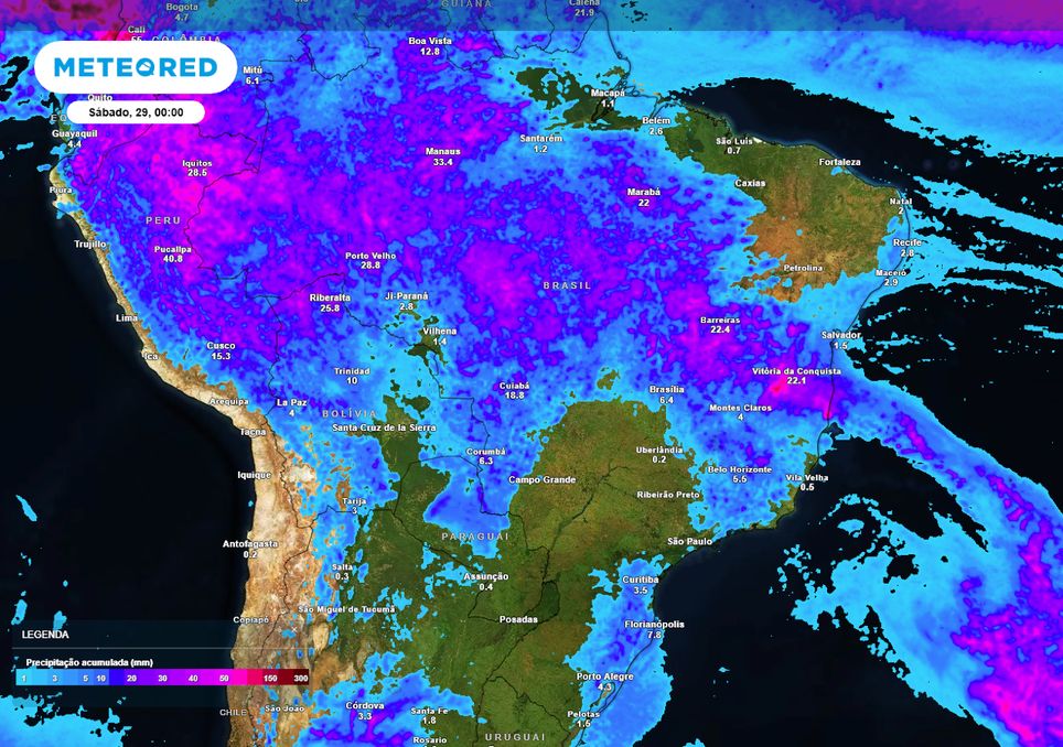 Previsão de acumulados totais de chuva até o final da sexta-feira.