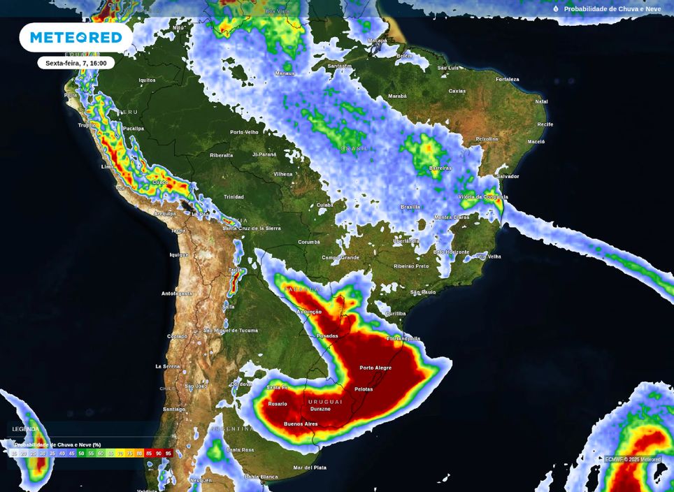 Mapa de probabilidade de chuva para a tarde desta sexta-feira (7).