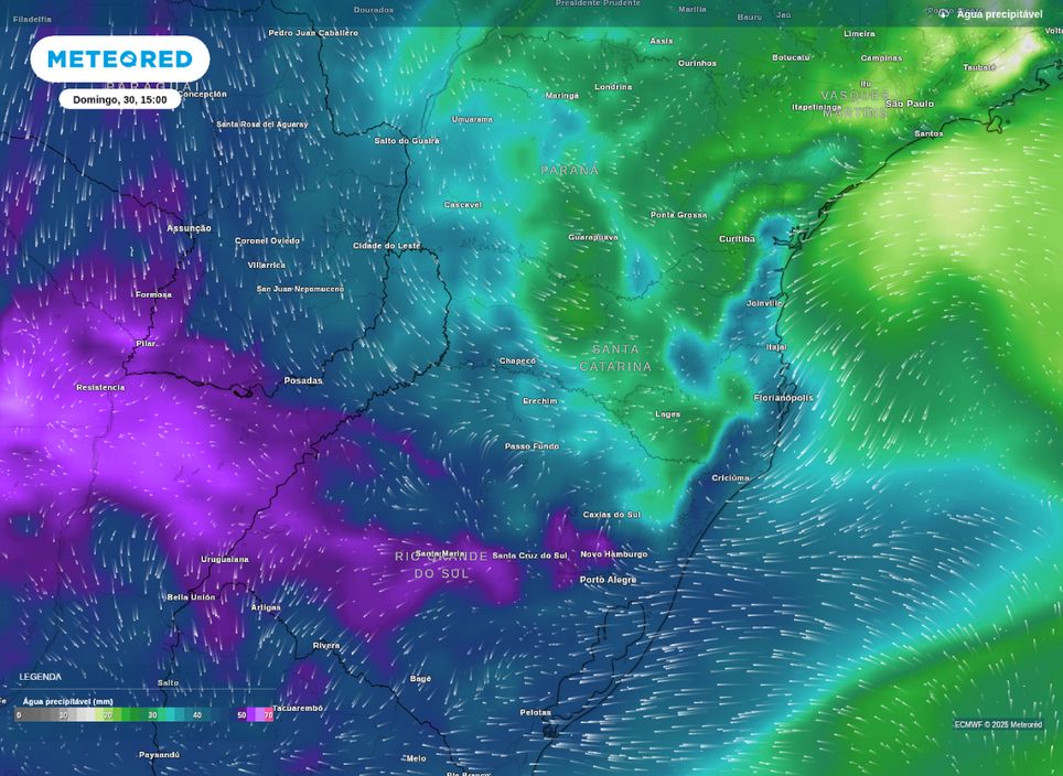 Água precipitável prevista para a tarde de domingo sobre a Região Sul, anunciando a presença de instabilidades. Água precipitável prevista para a tarde de domingo sobre a Região Sul, anunciando a presença de instabilidades.