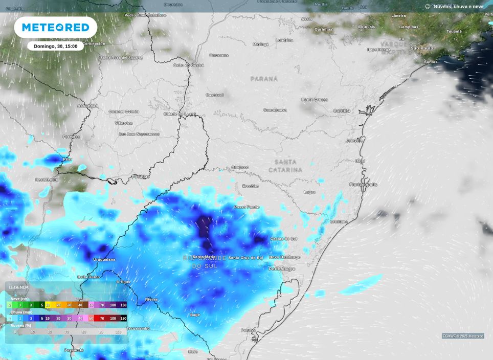 Precipitação prevista para a tarde de domingo (30) na Região Sul. Precipitação prevista para a tarde de domingo (30) na Região Sul.