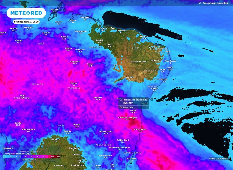 Precipitação acumulada prevista entre quarta-feira (26) e domingo (30). Precipitação acumulada prevista entre quarta-feira (26) e domingo (30).