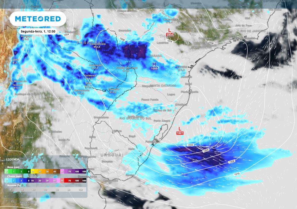 Previsão de pressão, ventos, nebulosidade e chuva na segunda-feira de tarde.