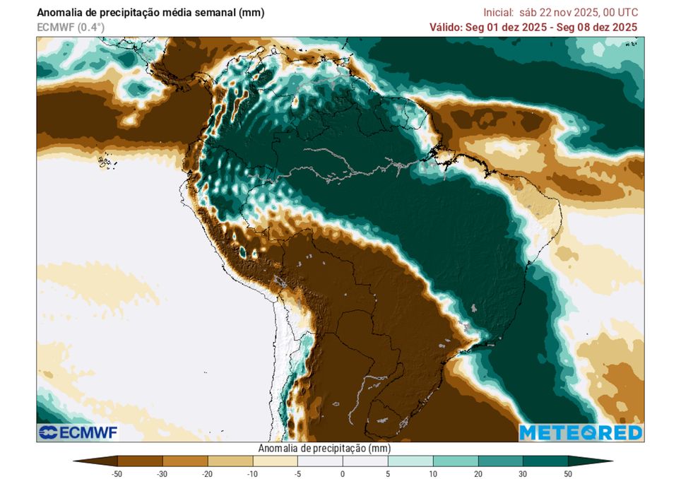Previsão de anomalias de precipitação entre os dias 1 e 8 de dezembro.
