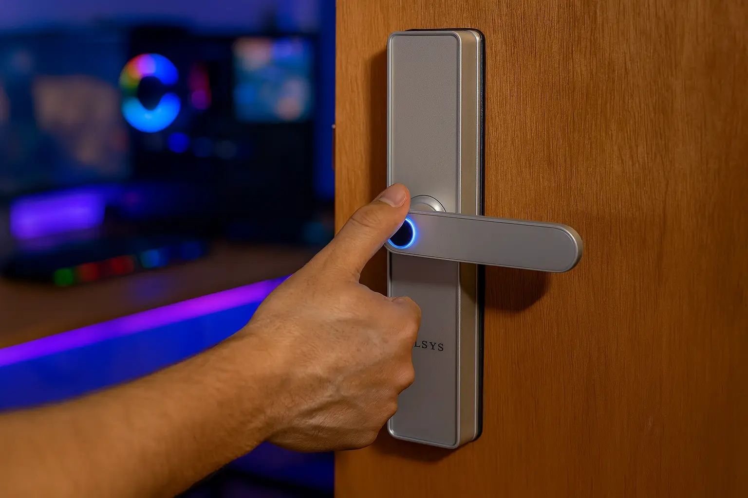 fechadura-digital-elsys-com-leitor-de-impressao-digital-em-porta-de-madeira-sendo-desbloqueada-em-ambiente-com-luzes-rgb