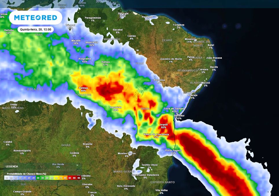 Previsão de probabilidade de chuva na quinta-feira durante a tarde.