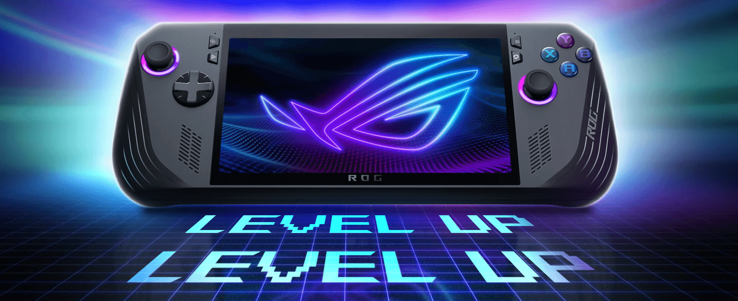 alt: console-portátil-asus-rog-ally-exibido-de-frente-com-luzes-rgb-e-tela-ligada-mostrando-logo-rog-em-cores-neon