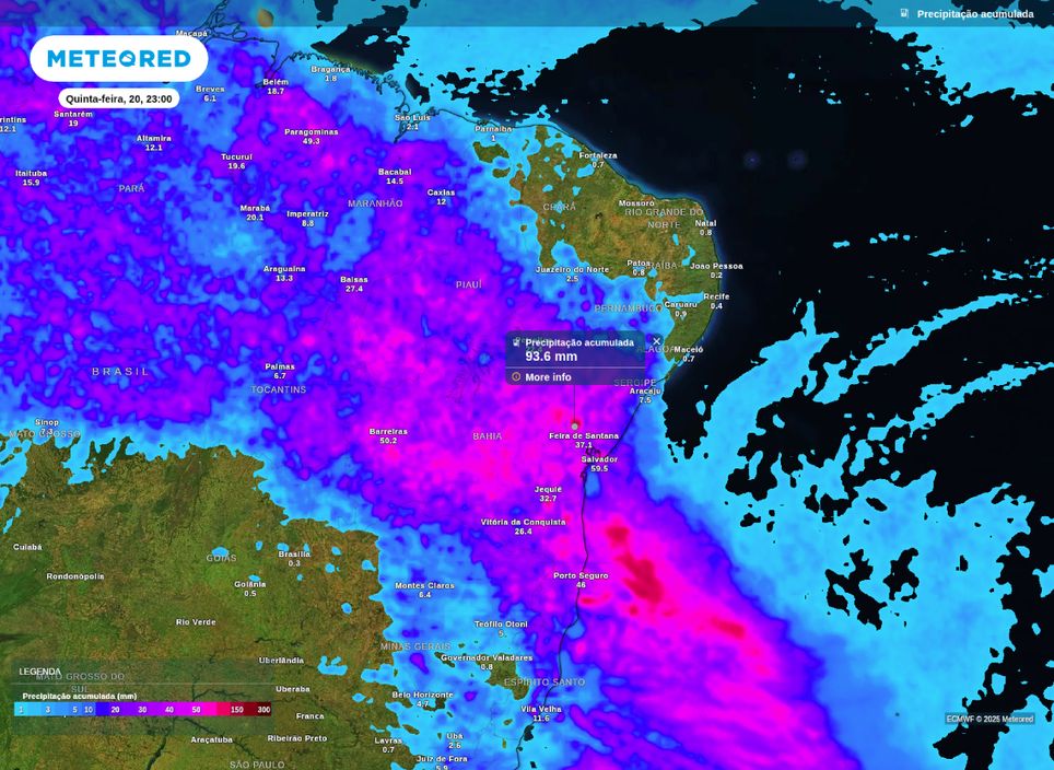 Acumulado supera os 90 mm em áreas da Bahia, de acordo com o modelo ECMWF.
