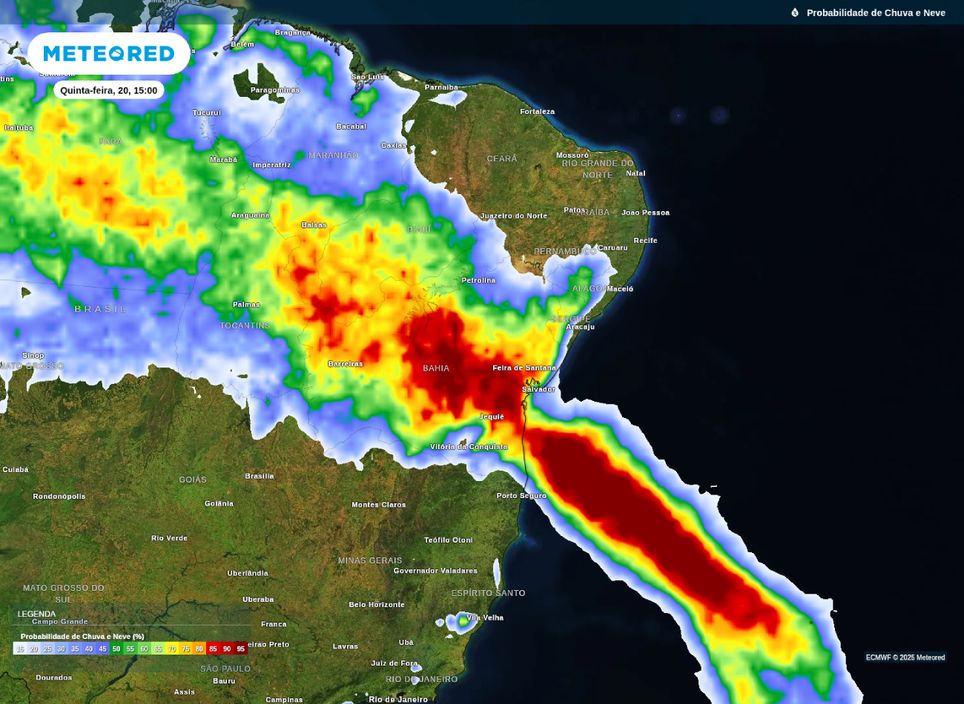 Chances de precipitação prevista para a tarde desta quinta-feira sobre o Nordeste do Brasil.
