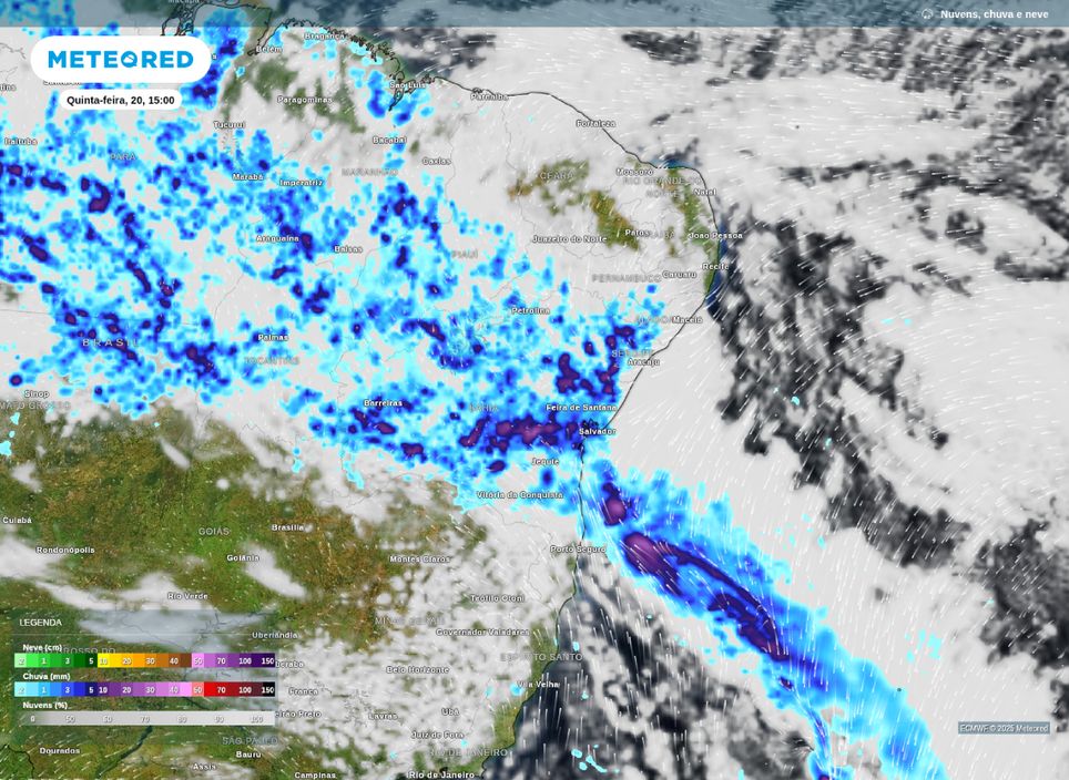 Precipitação prevista para a tarde desta quinta-feira sobre o Nordeste do Brasil.