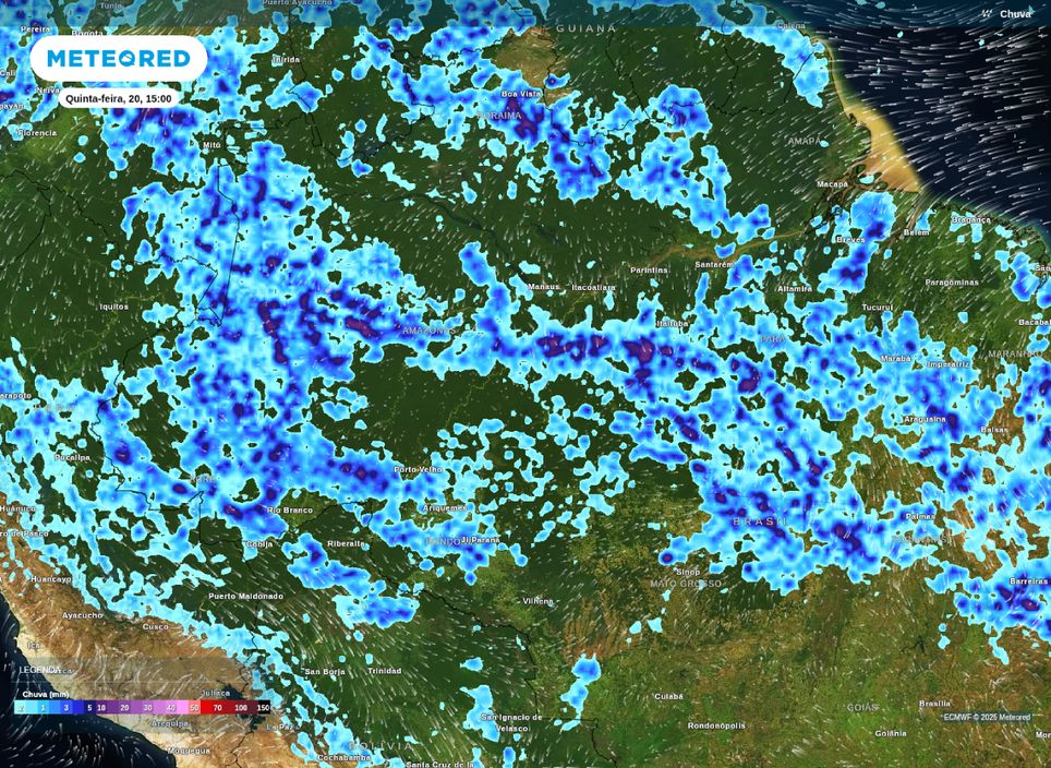 Precipitação prevista para a tarde desta quinta-feira sobre o Norte do Brasil.