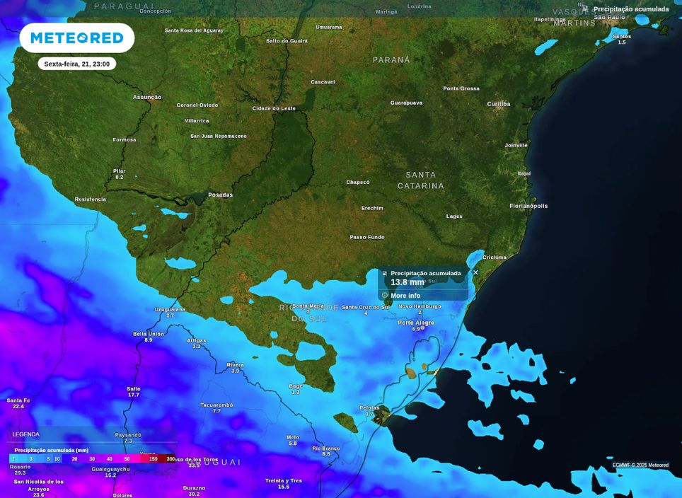 Precipitação acumulada para esta sexta-feira (21) mostra os volumes de chuva provocado pela frente fria.
